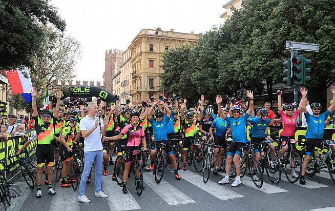 Riders mass for the start of the 2019 Granfondo Alé La Merckx in Verona.