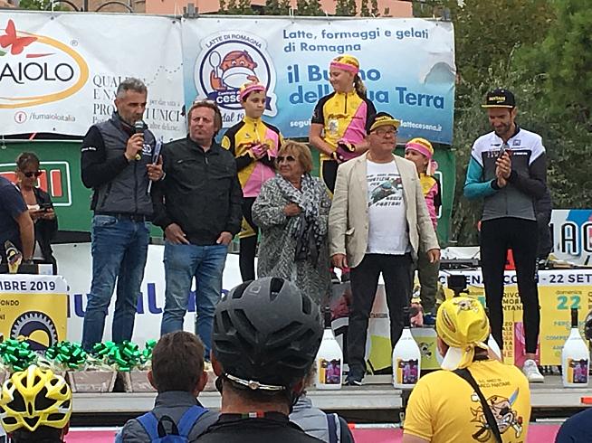 Marco Pantani's mum centre stage at the finish.