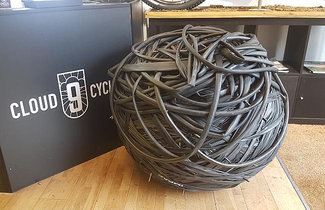 A ball of inner tubes ready for recycling at Cloud 9 Cycles.