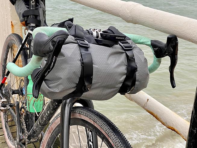 A sleeping mat  bivvy bag and sleeping bag fit into the handlebar bag with room to spare.