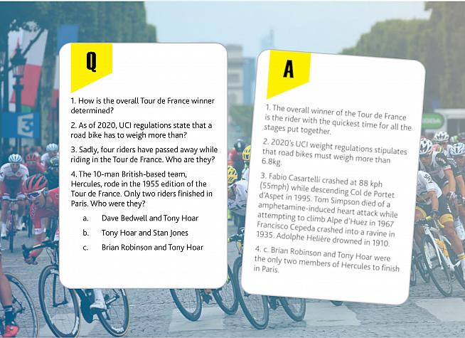 The questions tackle a wide range of cycling trivia pitched at cycling fans new and old.