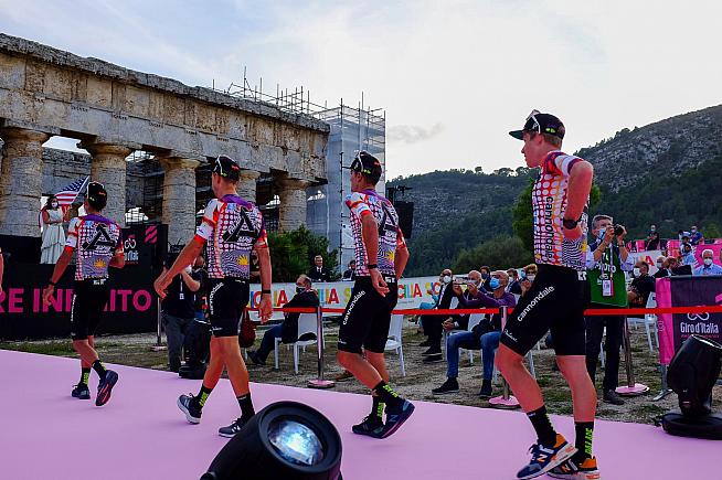 Riders model the Rapha x Palace kit at the 2020 Giro team presentation.
