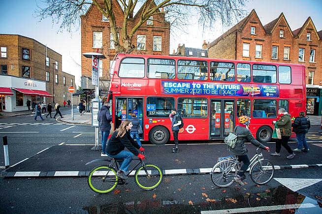 Cyclists on the new cycle route in Chiswick.