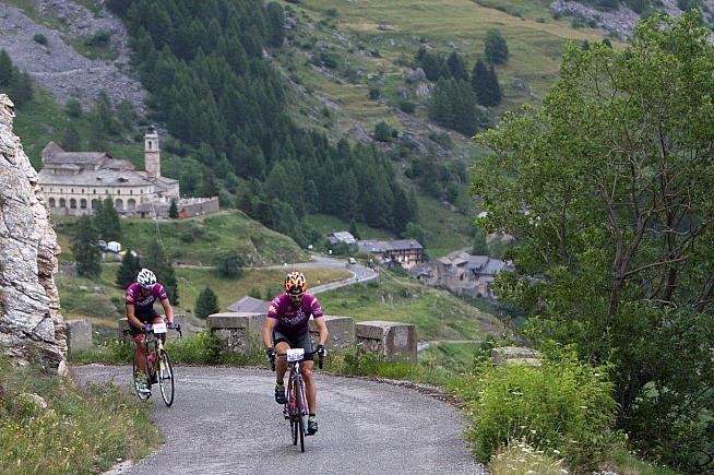 The climb to Fauniera with sanctuary behind - a highlight of the Granfondo la Fausto Coppi.