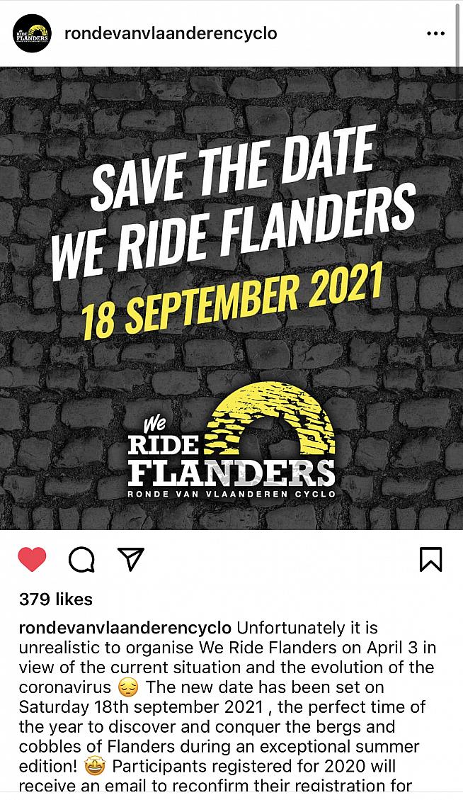 This year's Tour of Flanders sportive has been moved to September.