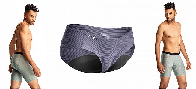 The women's foundation brief (centre) and men's boxer is lightly padded for use under shorts.