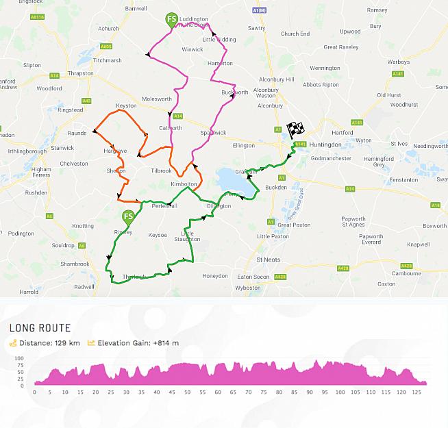 Course and profile for the Cambridgeshire Classic sportive - long route.
