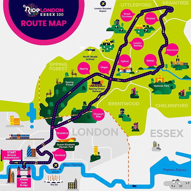 The route for this year's RideLondon-Essex 100.