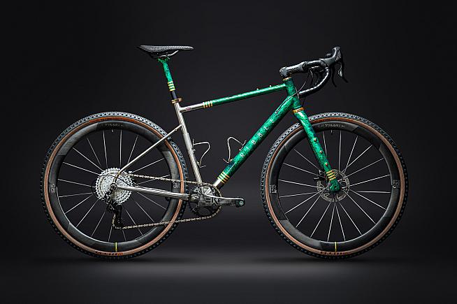 The Ribble Gravel Ti 125 features Emerald Green Marble paintwork finished with gold leaf for £8999.