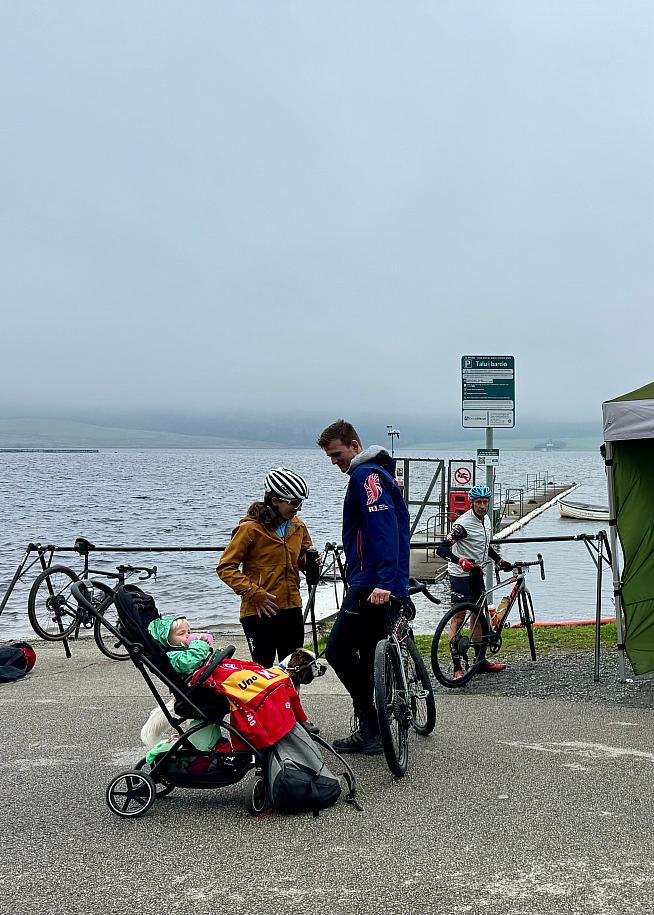 Riders prepare on a wet and windy day at Llyn Brenig.